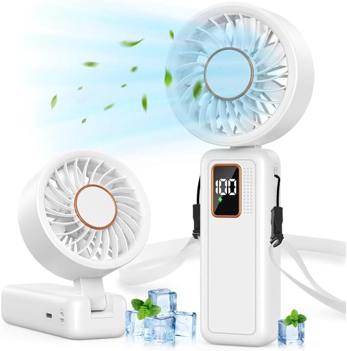 6000mAh Draagbare Ventilator, 5 Snelheden, USB-Ventilator met LCD-Scherm, 120° Verstelbare 3-in-1 Mini Ventilator, Stille Ventilator voor Kantoor, Slaapkamer, Reizen en Buitengebruik