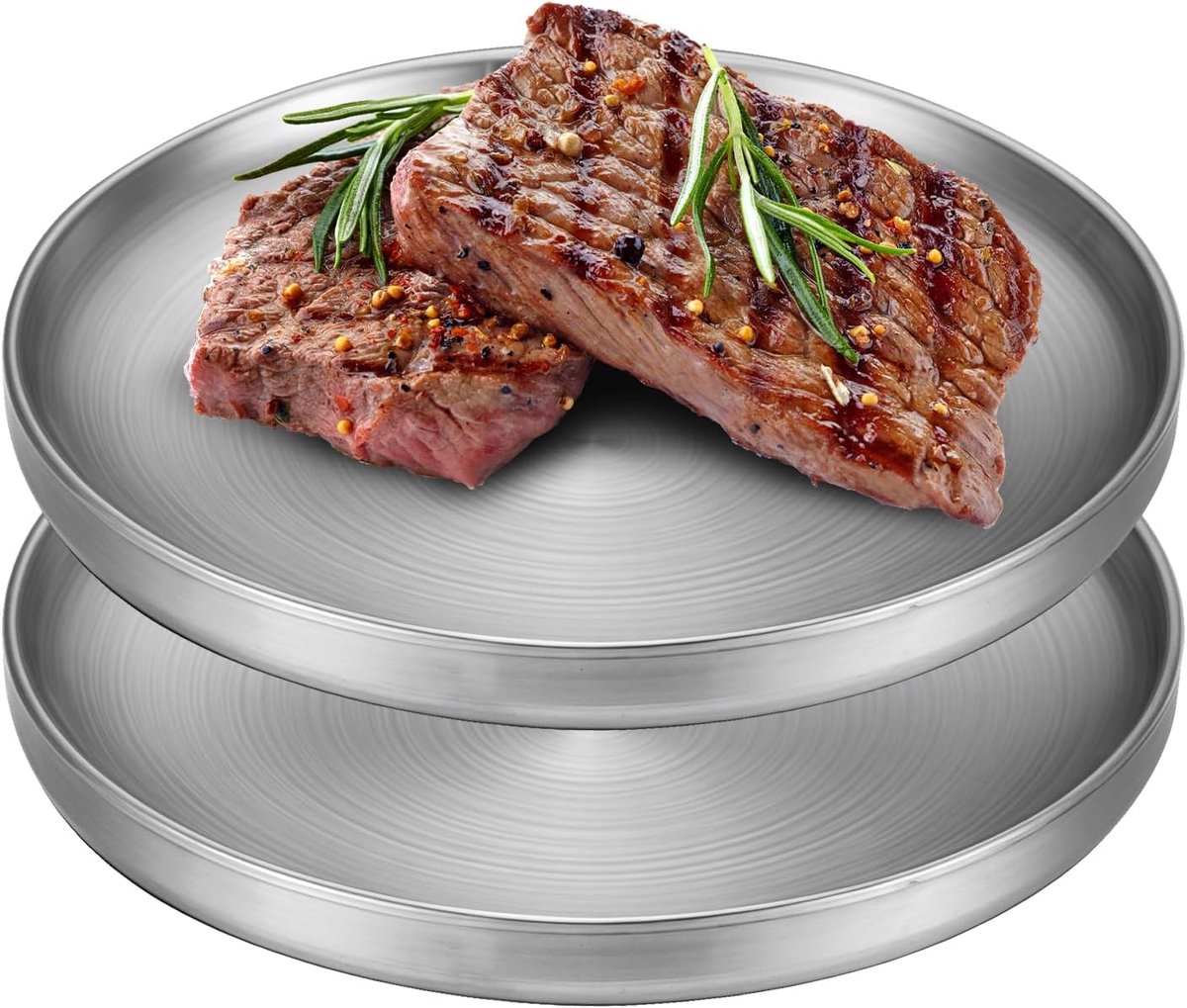 Set van 2 roestvrijstalen borden: Φ 23 cm dinerborden, dubbelwandig rond servies, roestvrijstalen borden, ontbijtborden, serveerborden voor keuken, feest, camping, picknick, wandelen