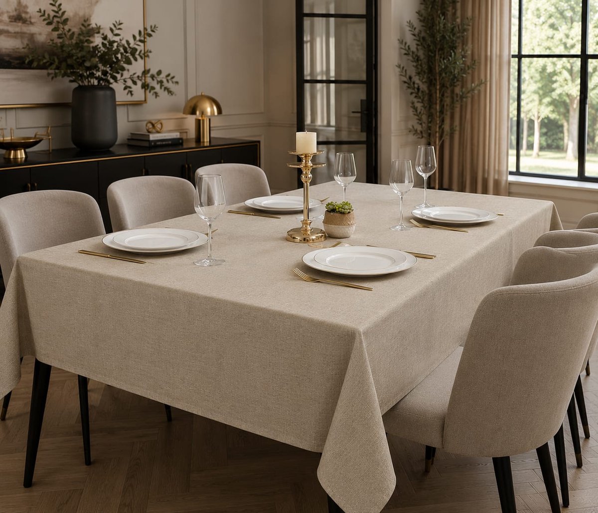 Lano&Go Tafelkleed Rechthoekig Linnenlook 110 x 140 cm - Waterafstotend & Vuilafstotend - Beige - Wasbaar - Voor Binnen en Buiten