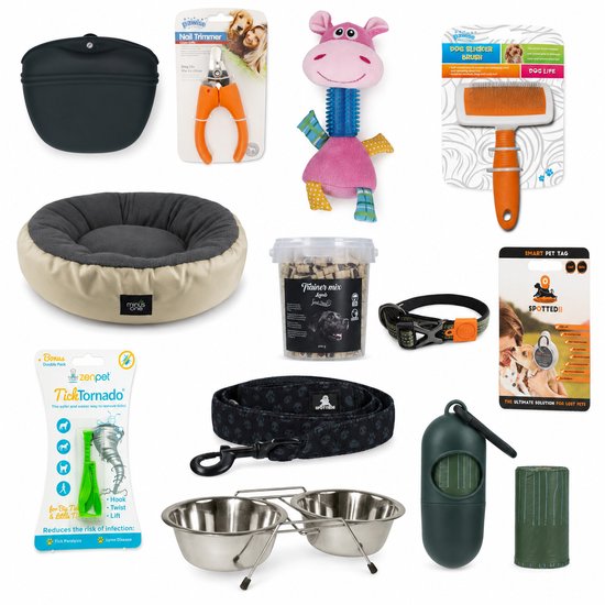 Een collage van puppy verzorgingsproducten: mand, voerbakken, speelgoed, riemen, halsband, voer en verzorgingsartikelen.