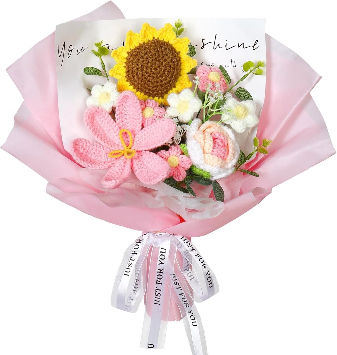 Handgemaakte Haakbloemen Boeket met Tulpen, Zonnebloemen en Rozen voor Moederdag, Verjaardagen en Valentijnsdag - Perfecte Cadeaus voor Vrouwen en Vriendinnen (Roze)
