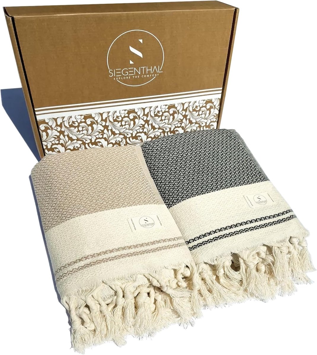 SnelShoppen - Hamamdoek Set van 2 - Lichte Strandhanddoek en Saunahanddoek van Gerecycled Katoen - Sneldrogend, Groot en Zacht - 90 x 200 cm - Beige e