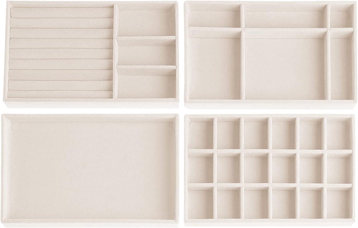 SnelShoppen - 4 Stuks Sieradenopslag Lade - Fluwelen Sieradenorganizer - Stapelbaar Sieradendienblad voor Oorbellen, Armbanden, Ringen - Beige Sierade