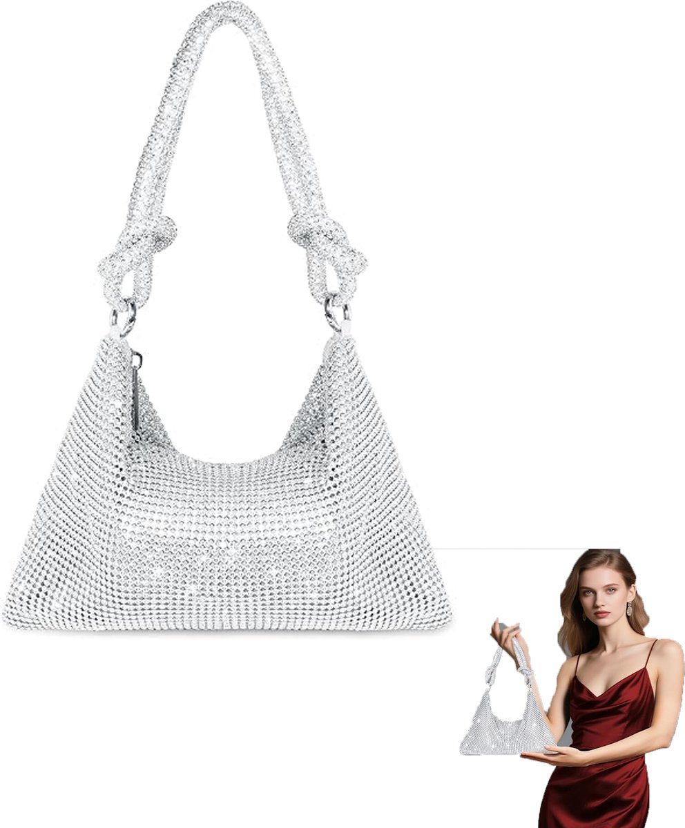 KZQ Glinsterende strass avondtas - Kleine feestclutch voor dames - Elegant en sprankelend voor bruiloft gala en uitgaansgelegenheden - Zilver