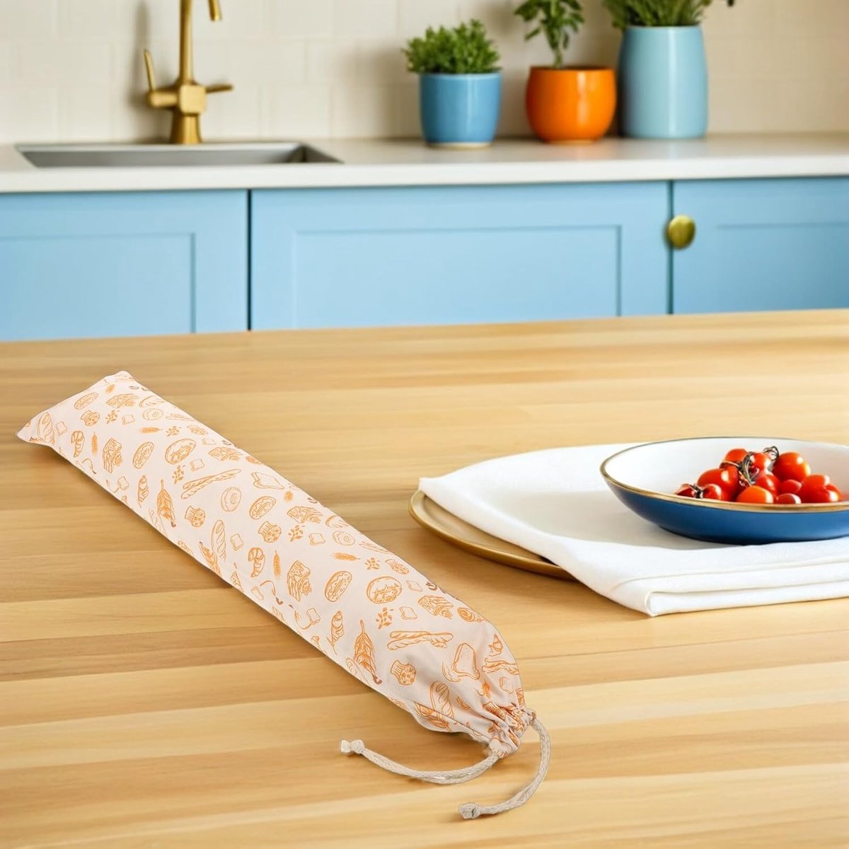 Herbruikbare Broodzak - Broodbewaarzak Linnen - Brood Vers Houden - Met Trekkoord - 62.60X15.50X11.00CM - Meerkleurig