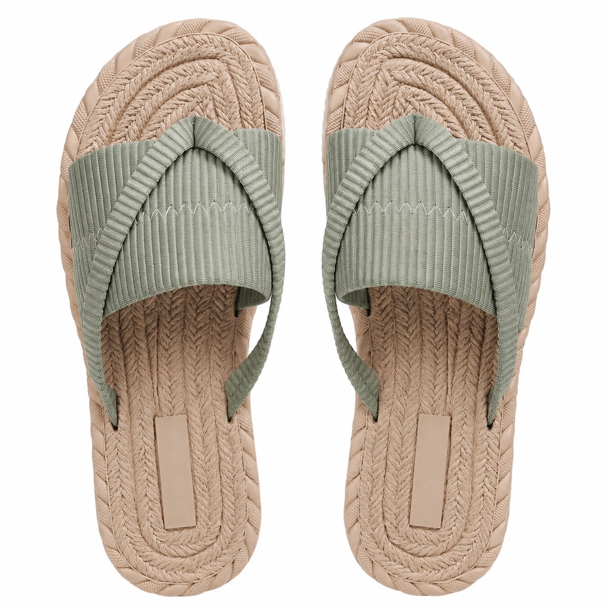 Leger groene teenslippers dames met gekruiste stoffen band – lichtgewicht slippers met gevlochten zoolrand, casual zomerschoenen, open teen, EVA zool, maat 36