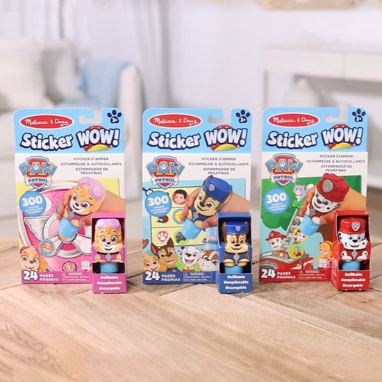 Drie PAW Patrol Sticker WOW! verpakkingen met Chase, Marshall en Skye.