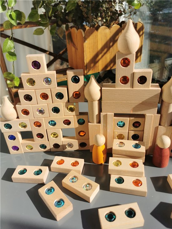 Houten blokken met diamanten - Blokkenset met glitterstenen - 65-Delig - Bouwset - Vanaf 2 jaar - Open einde speelgoed - Educatief montessori speelgoed van Houten — afbeelding 5
