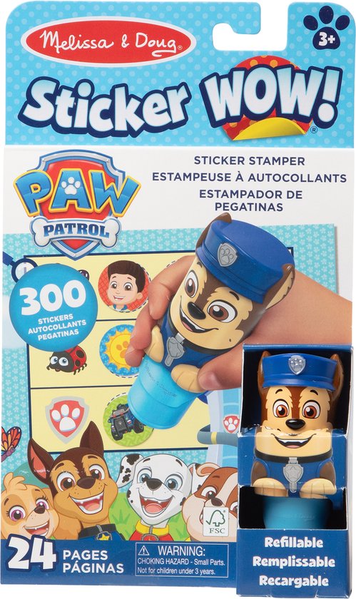 Emballage de PAW Patrol Chase Sticker WOW! avec une main tenant le tampon.