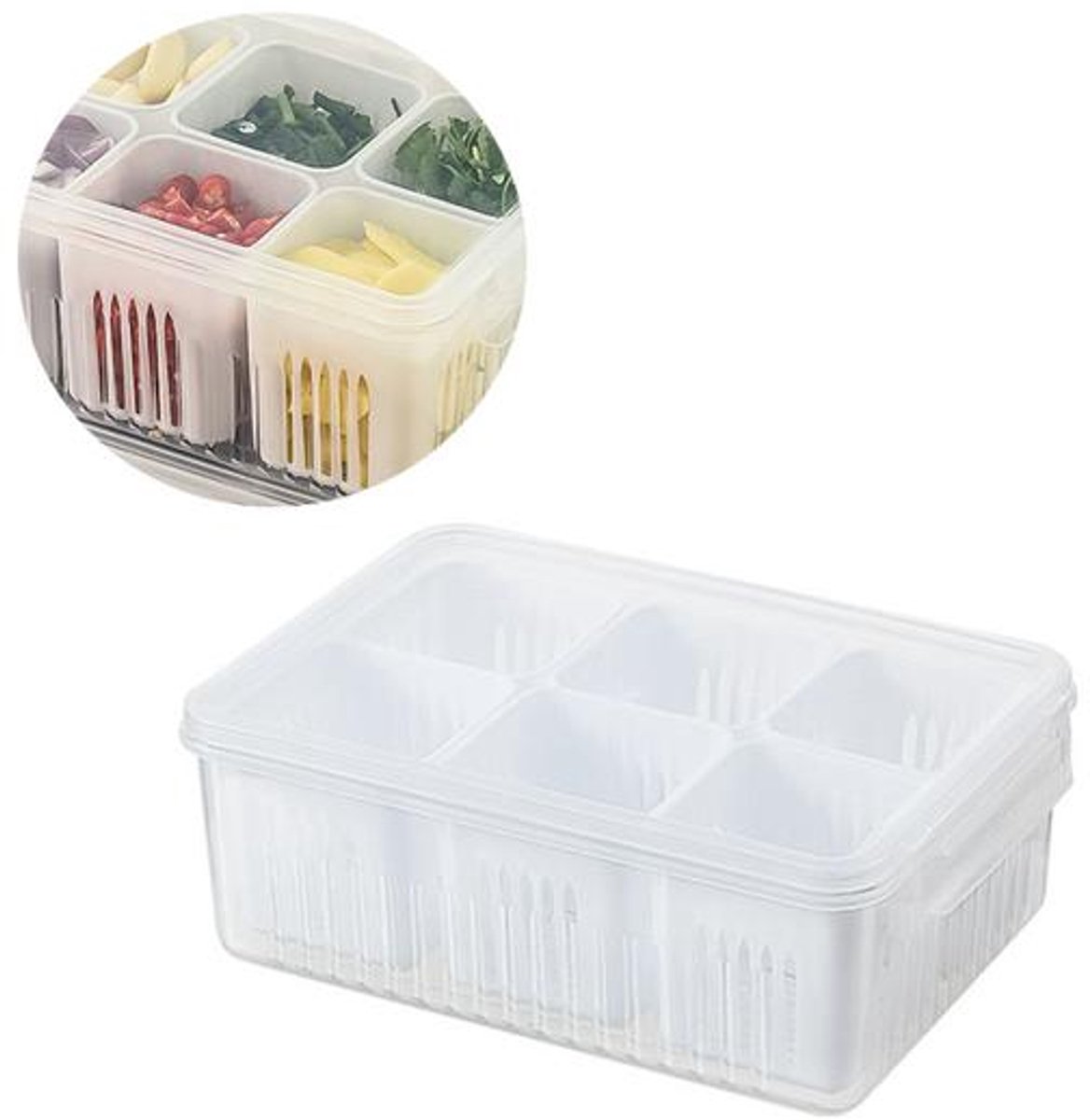 KZQ Multifunctionele koelkast-bewaarbak – Vershoudbak met deksel en uitlekrooster – Geschikt voor uien, knoflook en fruit – 22,8 x 16 x 8,5 cm – Wit