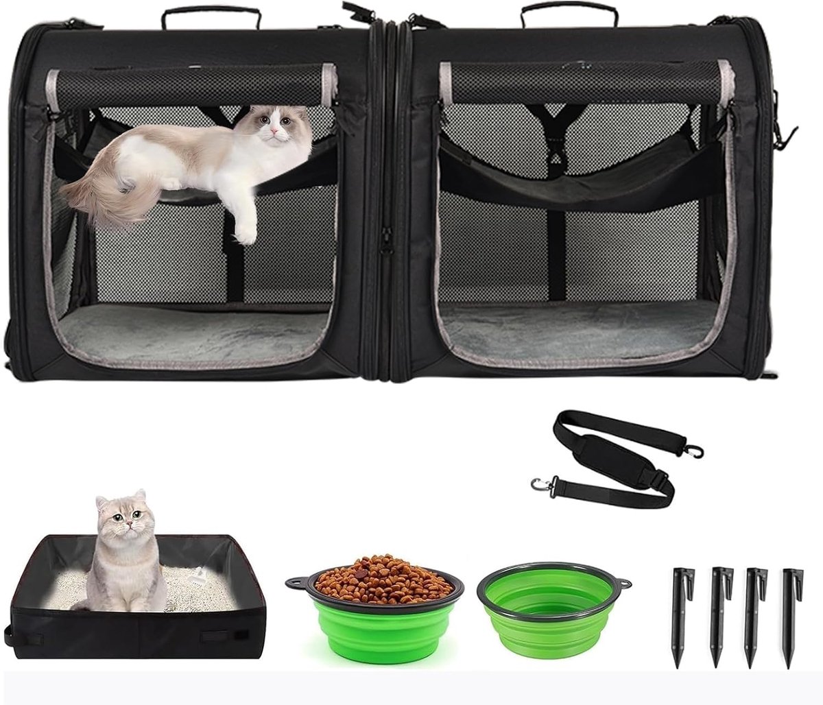 SnelShoppen - Draagbare 2-in-1 Huisdierendrager voor Middelgrote Honden en Grote Katten, Reis Krat Set met Draagtas, Hangmatten, Tentstokken en 2 Komm