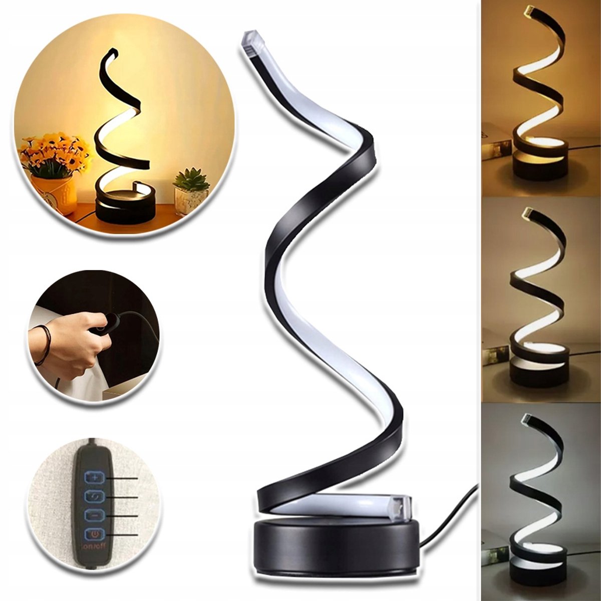 Spiraalvormige LED-Bureaulamp Met 3 Kleurtemperaturen En Traploze Dimfunctie - Oogvriendelijk Zacht Licht USB-Opladen - Modern Zwart 27,5 cm