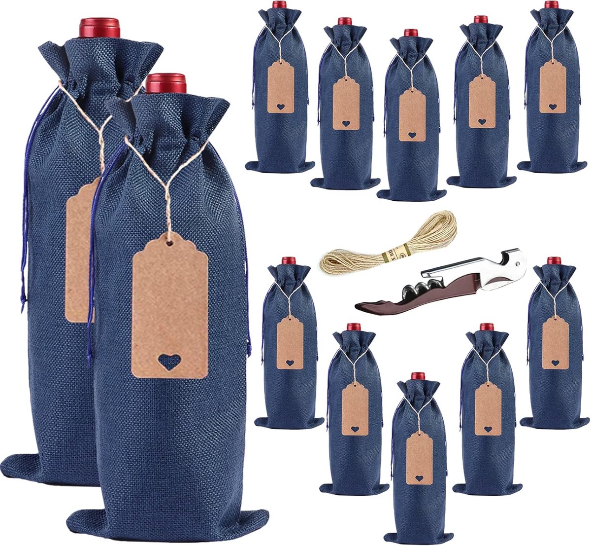 Jute wijnzak, verpakking van 12 wijnzakken met cadeauhanger/trekkoord (blauw-15 x 35 cm)