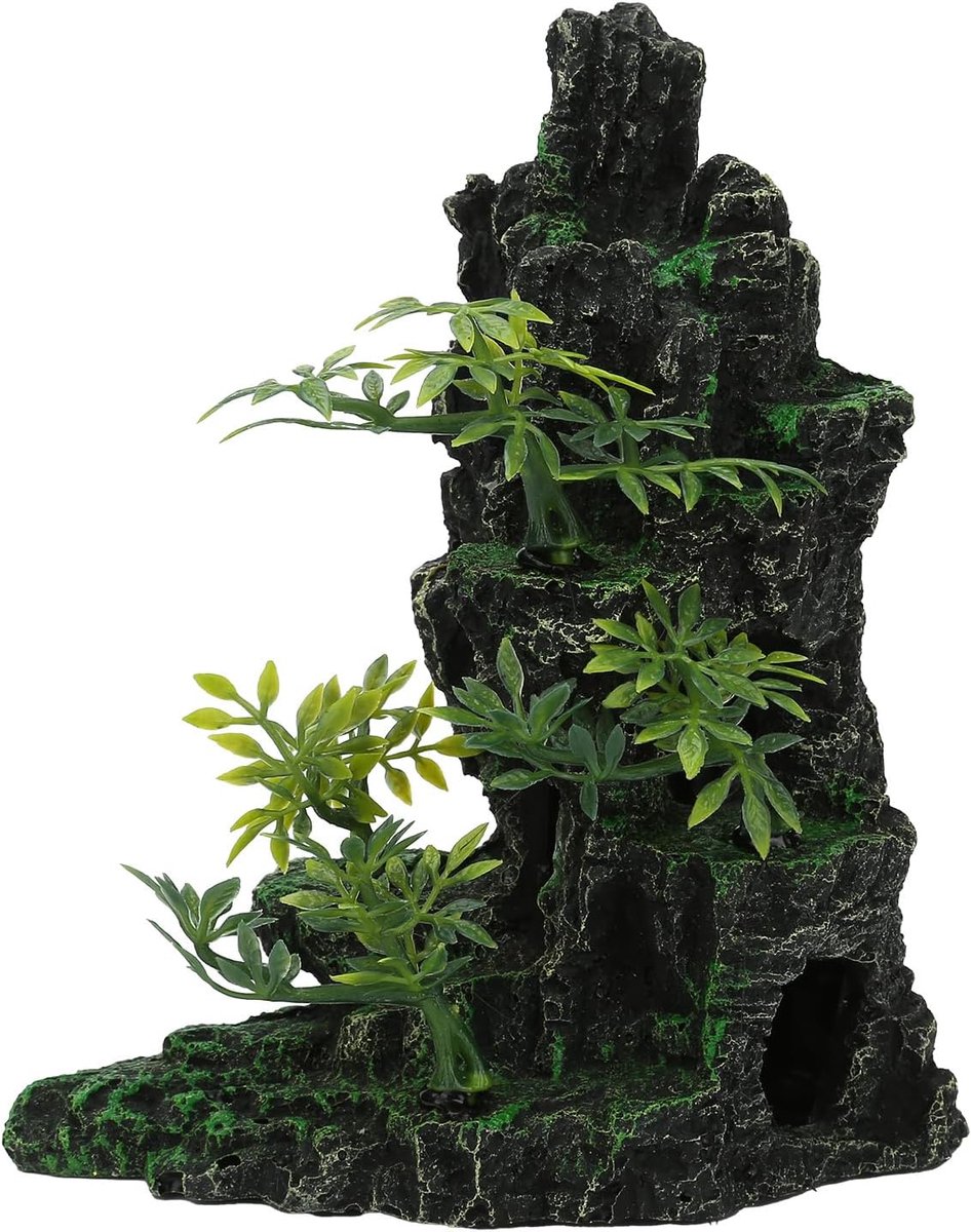 Ornamenten - grote en hoge aquarium decoratie met kunstgras, realistische rotsgrot ornamenten voor kleine vissen schuilplaats, natuurlijke aquarium accessoires
