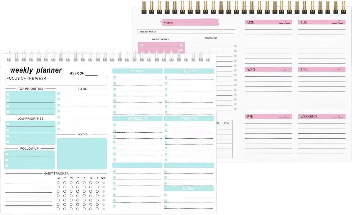 2 stuks, weekkalender, spiraalgebonden to-do-lijst, blok, to-do-planner voor studie, werk, ongedateerde weekplanner, weekplanner, blok, A4, ongedateerde weekplanner, roze en