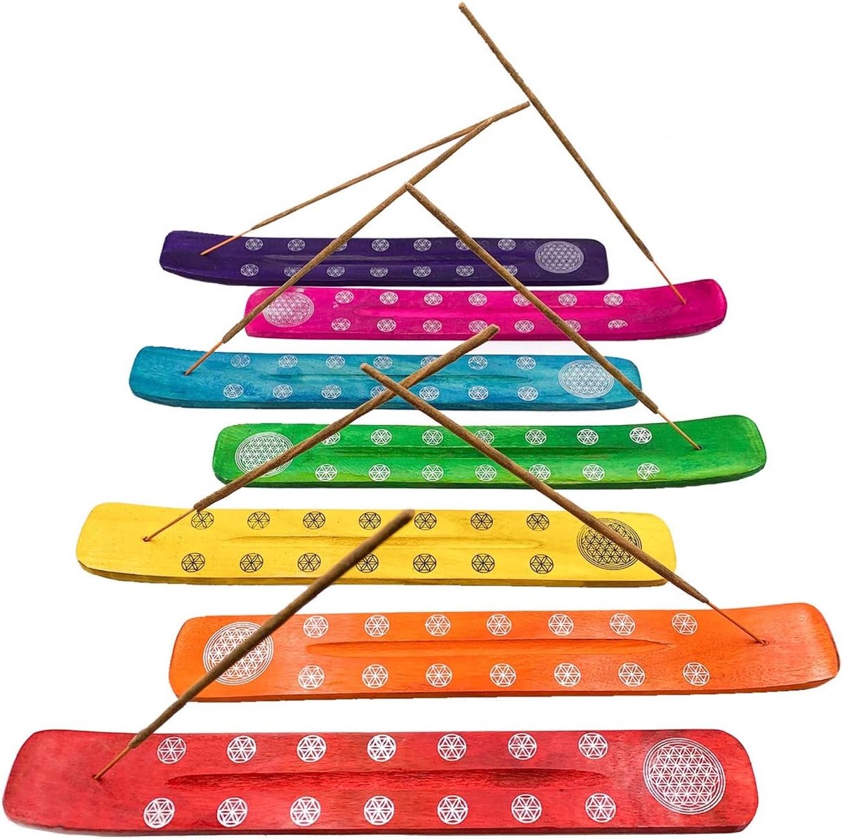 x 7 - Wierookbrander (wierookvat). Wierook houten standaard. 7 verschillende en unieke chakra-kleuren met levensbloem-ontwerp. Handgemaakt in India.