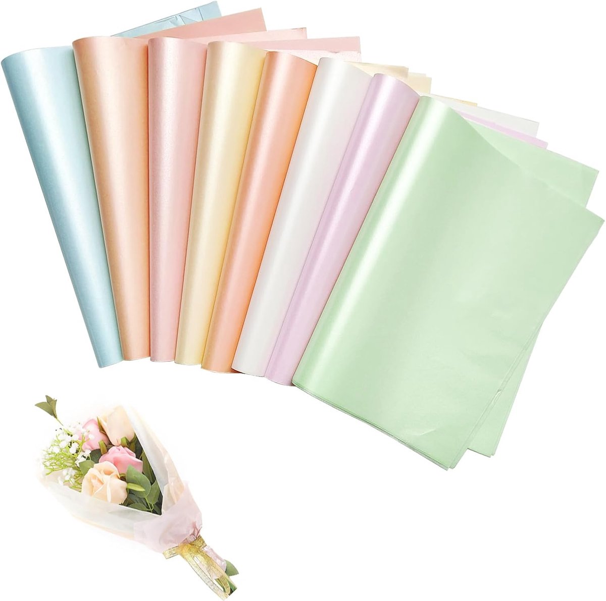 Zijdepapier, 8 kleuren cadeaupapier, zijdepapier, 30 x 21 cm, glinsterend zijdepapier om in te pakken, pompons, papieren bloemen, tafeldecoratie voor Kerstmis