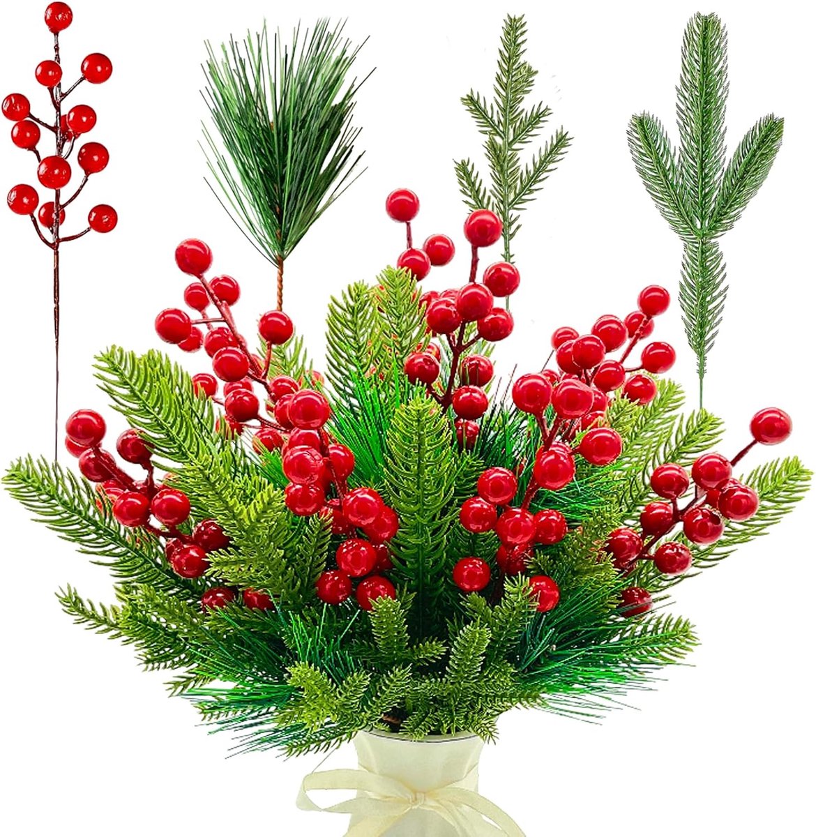 60 stuks dennentakken, kunstmatig als echt, Kerstmis, kunstmatige dennentakken, rode bessen, nep dennennaalden, dennennaalden voor doe-het-zelf adventskrans, krans, slinger, kerstdecoratie