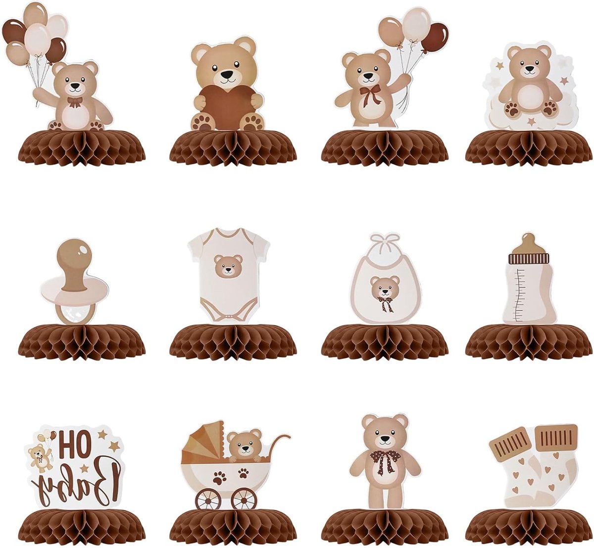 12 stuks Babyparty Deko, tafeldecoratie babyparty met ooievaar geboorte motief, honingraat middenstuk decoratie, tafeldecoratie voor babyshowerparty en babyparty