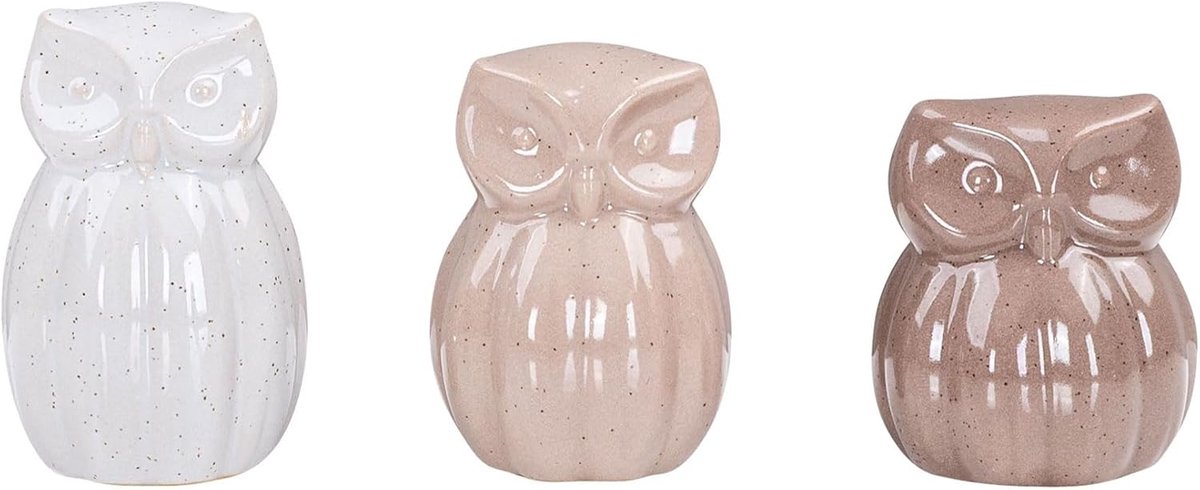 Set van 3 uilen, porselein, bruin, grijs, taupe, decoratiefiguur, tafeldecoratie, woondecoratie, decoratie, plankdecoratie