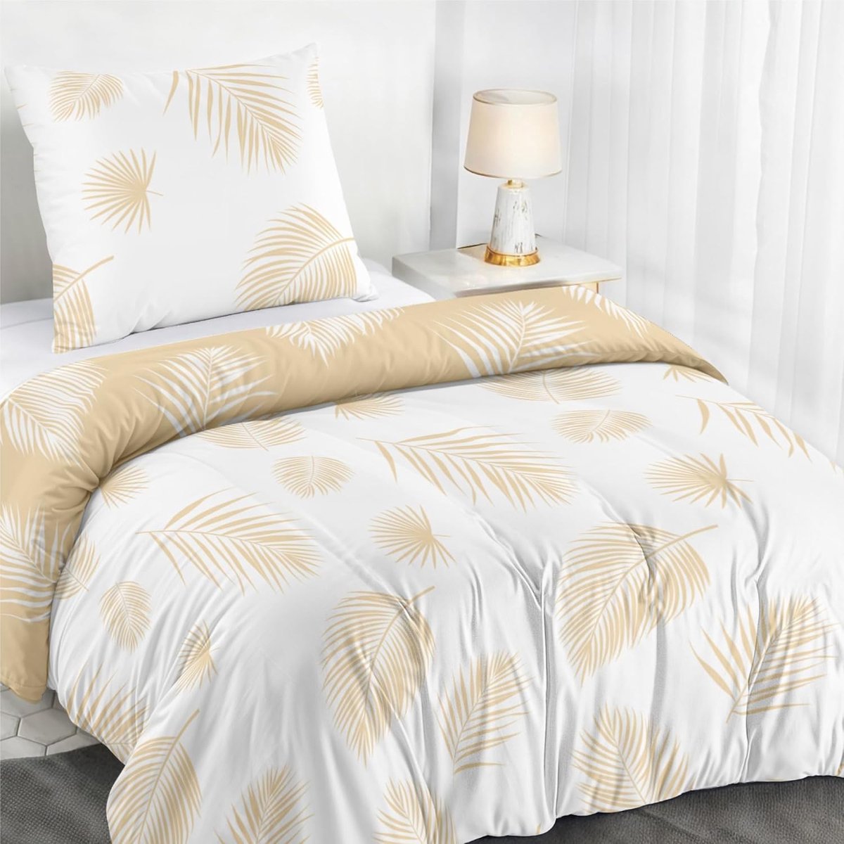 dekbedovertrek 140x200 cm met 1 kussensloop 65x65 cm, beige wit tropisch palmbladerenpatroon, 140x200 beddenset met ritssluiting, eenpersoonsbedlinnen, Oeko TEX