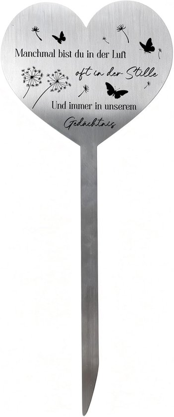 hart grafsteker met vlinder en paardenbloem, gravure "Soms bist du in der Luft, oft in der Stilte Und immer in uns Memory", outdoor grafdecoratie weerbestendig, 28 cm Eeuwige Erinn