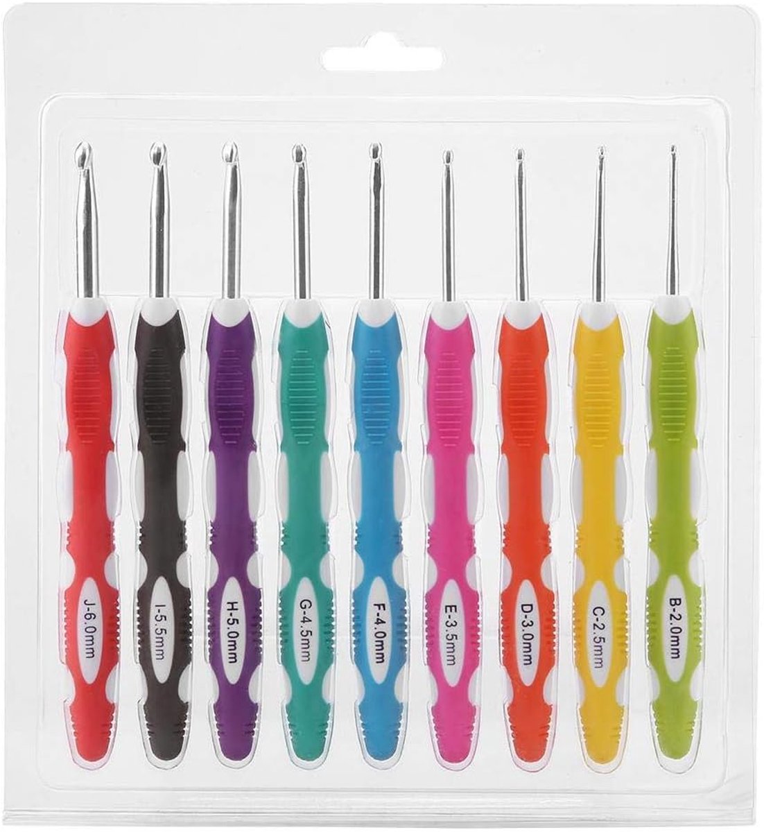 Haaknaalden, 9 stuks, Akozon TPR, zachte rubberen handgreep, kleur 2-6 mm, aluminium breinaald (plastic verpakkingen)