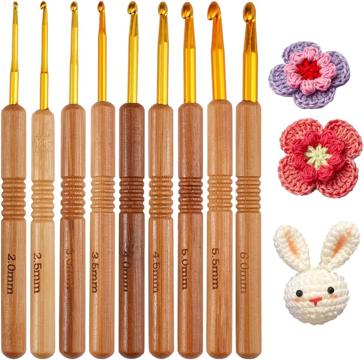 Haaknaaldenset, 2,0-6,0 mm, ergonomische haaknaalden | houten handvat, aluminium kop, houten breinaalden voor artritische handen, lichte haakset voor beginners en haakgaren