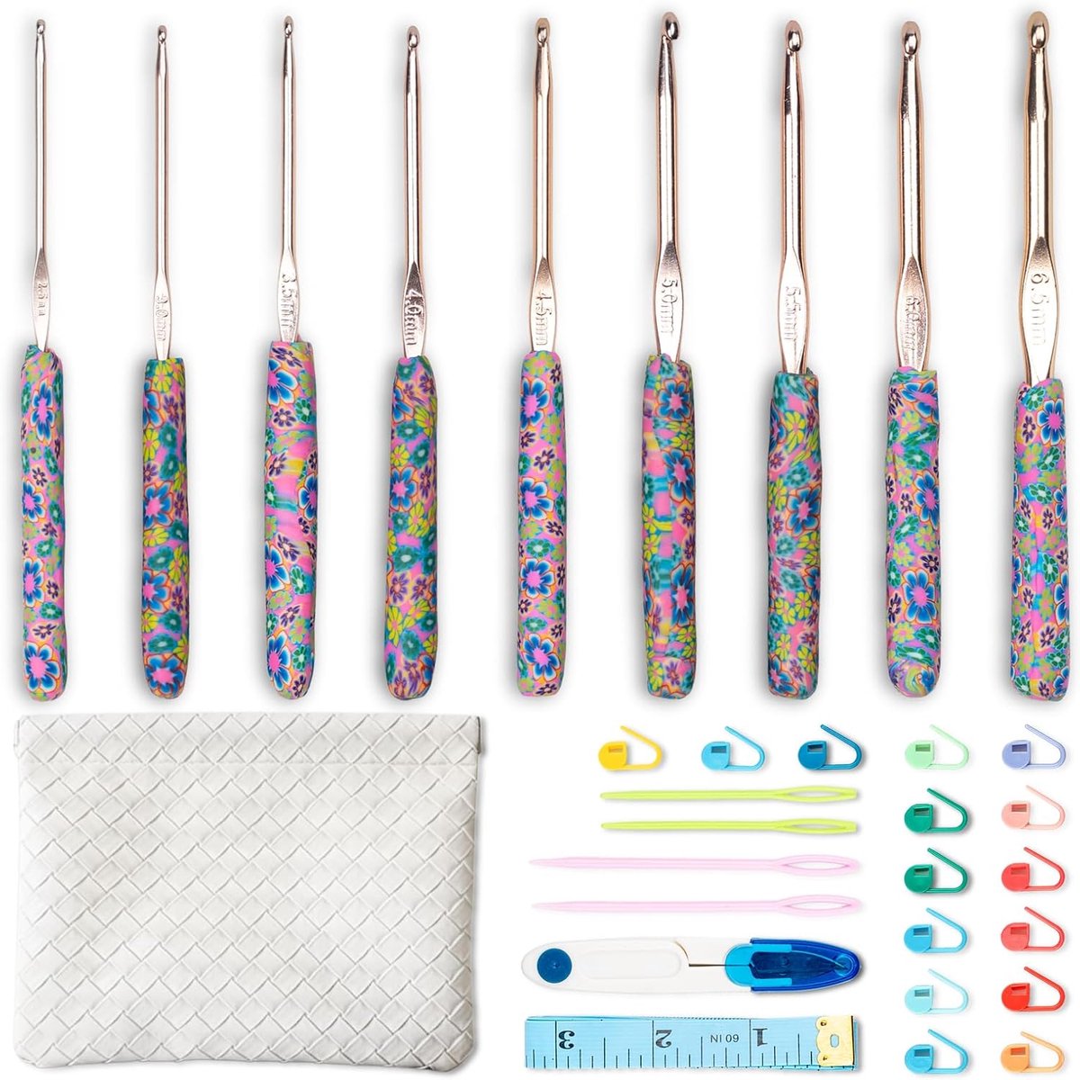 Haaknaaldenset, 9 maten (2,5 mm - 6,5 mm) haaknaalden voor beginners en volwassenen, ergonomische haaknaalden voor artritische handen, complete haakset met gereedschap en koffer