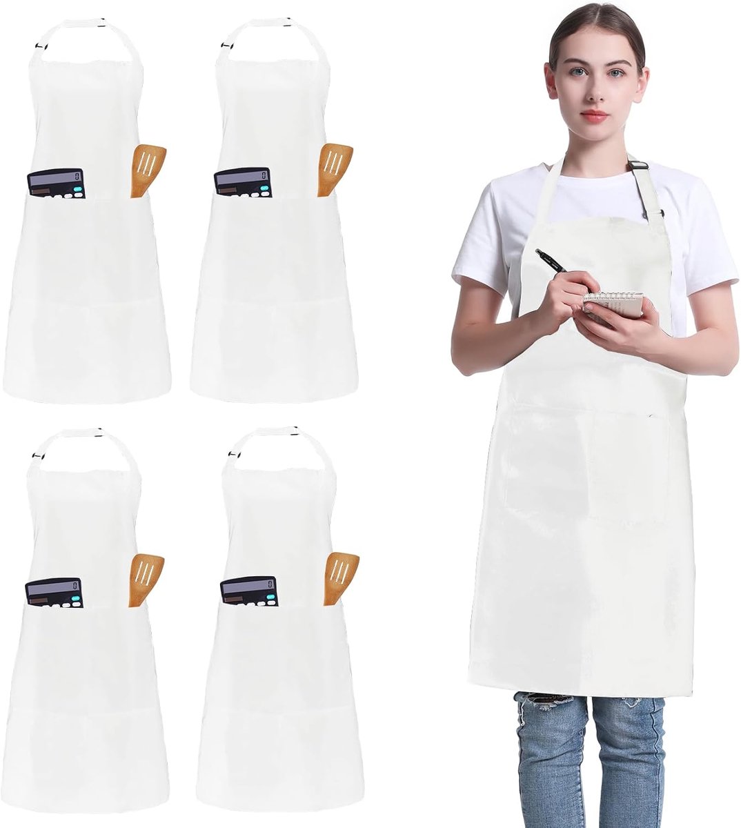 set van 4 stuks, verstelbaar schort met 2 zakken, uniseks, gepersonaliseerd schort voor koken, keuken, restaurant