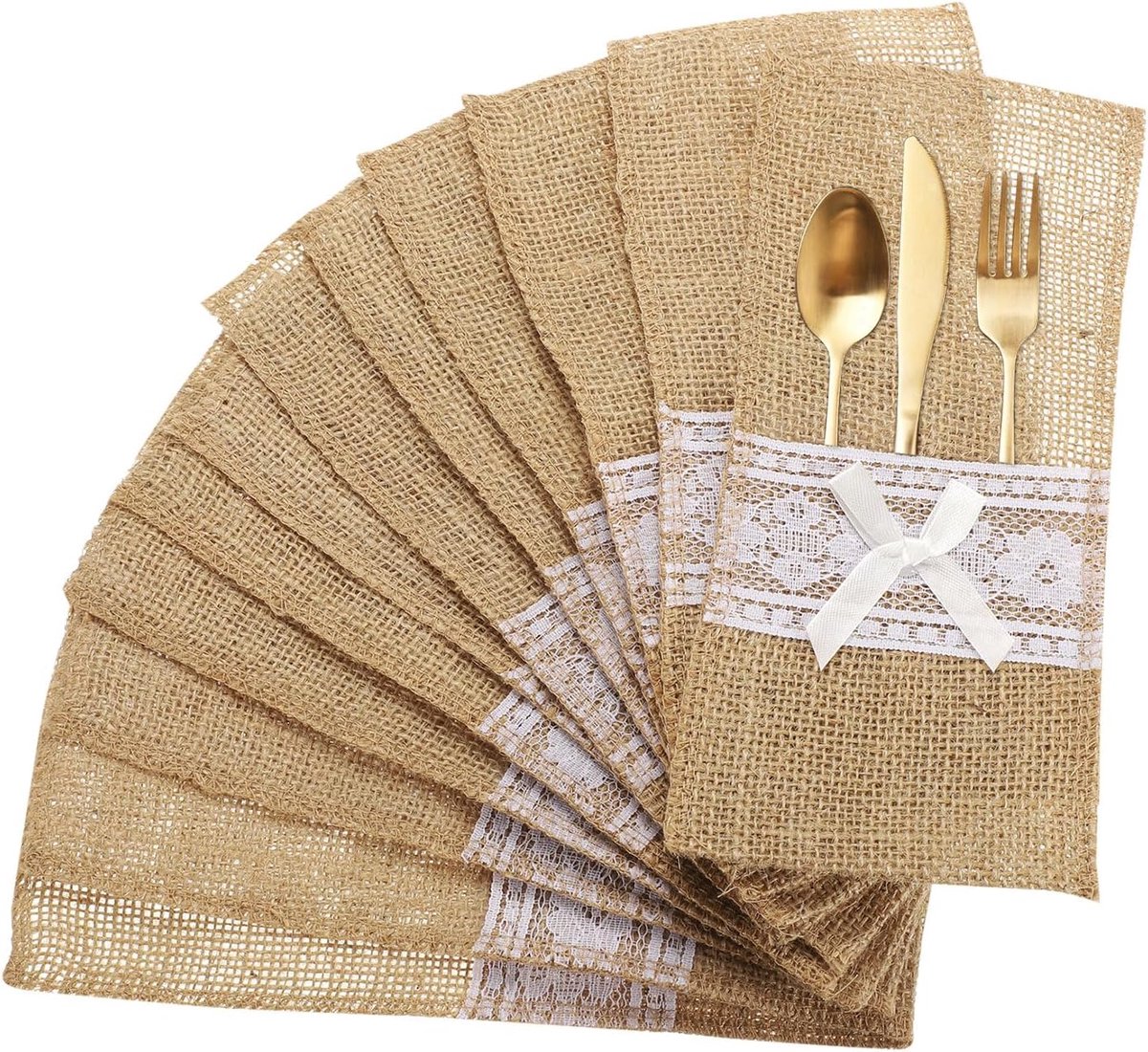 24 stuks bestekhouders van jute-kant, 21 cm x 10 cm, bestekzak van bestek, van natuurlijke jute zak voor tafeldecoratie, bruiloftsfeest