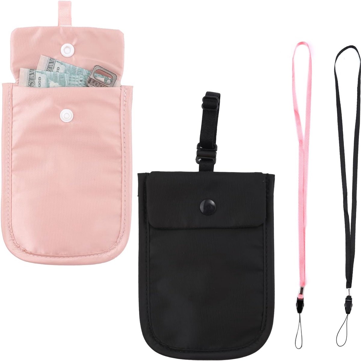 2stks Verborgen Reisetui onder Kleding met 2 Lanyards, Beha-Portemonnee Dames Reisgeheime Beha-Portemonnee met Riemen voor Paspoort Geld Kostbaarheden, Roze en Zwarte