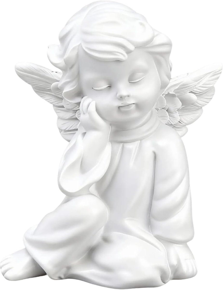 engelenbeeldje van hars, kleine tuinfiguur en woondecoratie (5,5 x 6 cm) – witte graf-engel voor huisdecoratie, balkon, rek, symbolisch cadeau