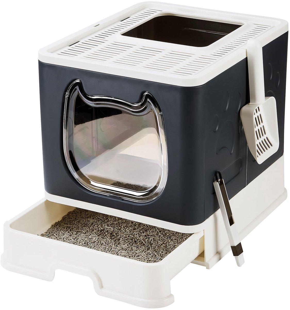 Overdekte kattenbak met deksel – kleine en middelgrote katten – boveningang – lade met voordeur – zwart met witte bovenkant Overdekte kattenbak met deksel – kleine en middelgrote katten – boveningang – lade met voordeur – zwart met witte bovenkant