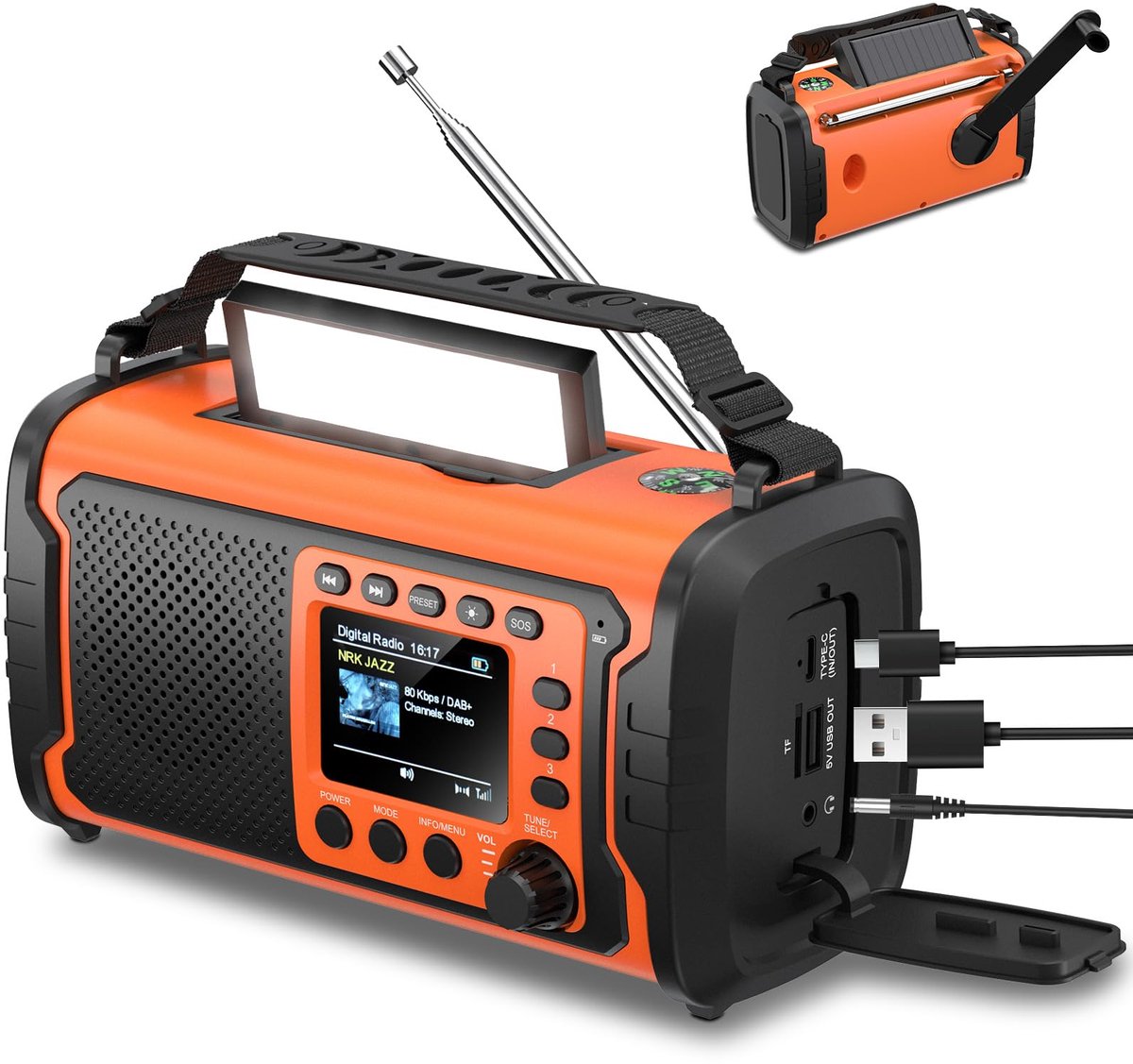 SnelShoppen - 27000 mAh DAB/DAB+ Noodradio met Zwengel, Zonne-energie Opladen, USB, Bluetooth 5.3, Powerbank, SOS-signaal, Zaklamp, Leeslamp, Kompas,