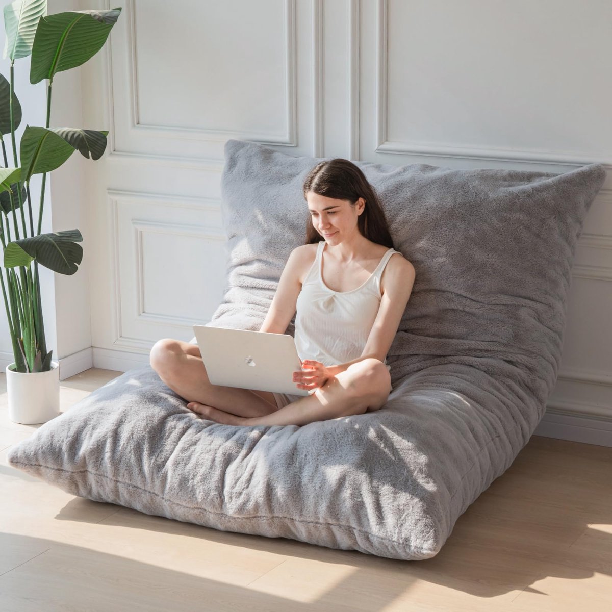 SnelShoppen - MAXYOYO Gigantisch Zitzakbed 150x200cm - Vierkante Zitzakstoel voor Volwassenen en Koppels - Pluche Bekleding en Pluizige Vulling - Grij