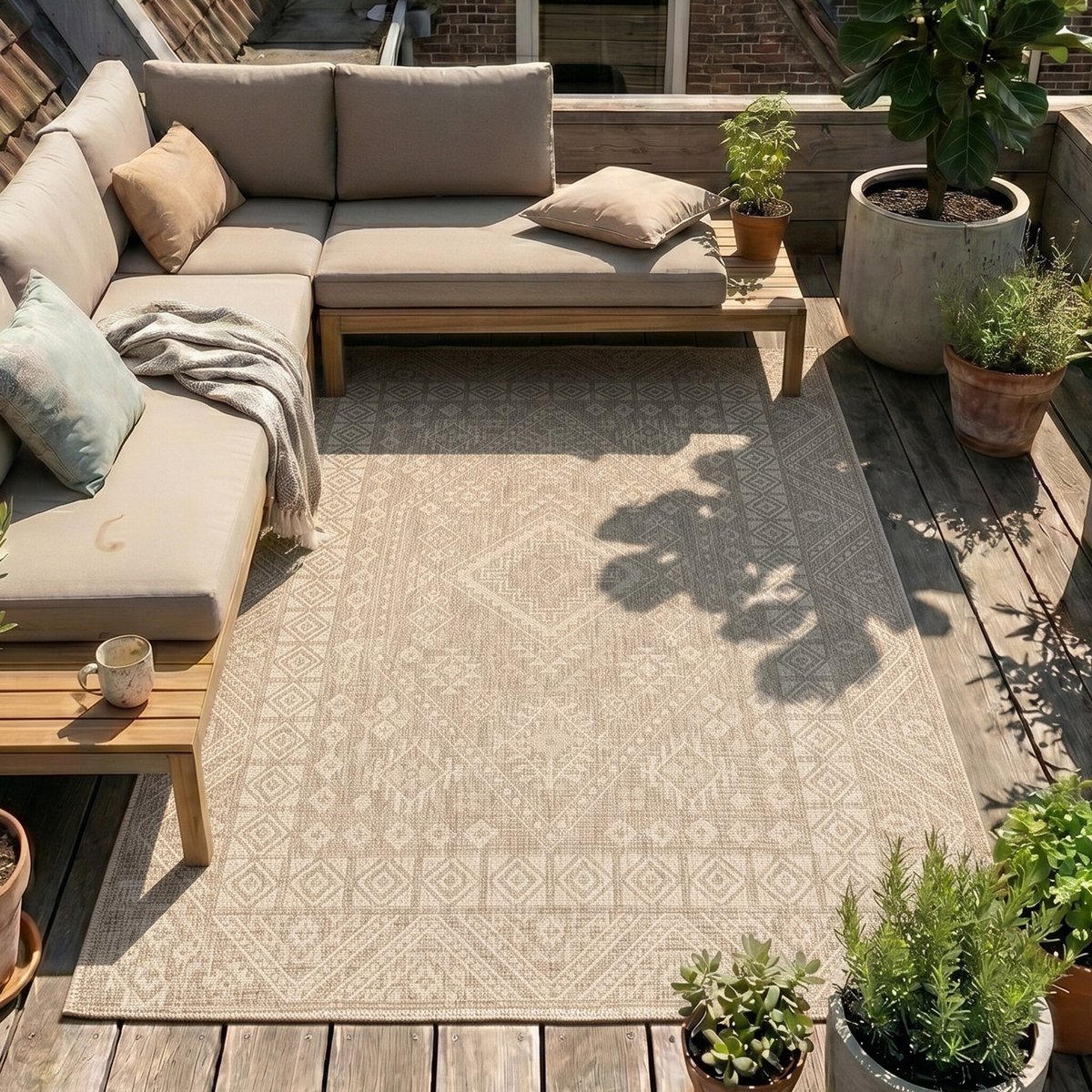 Fraai Jute buitenkleed - Atlas Aztec Bruin/Creme - 140x200cm