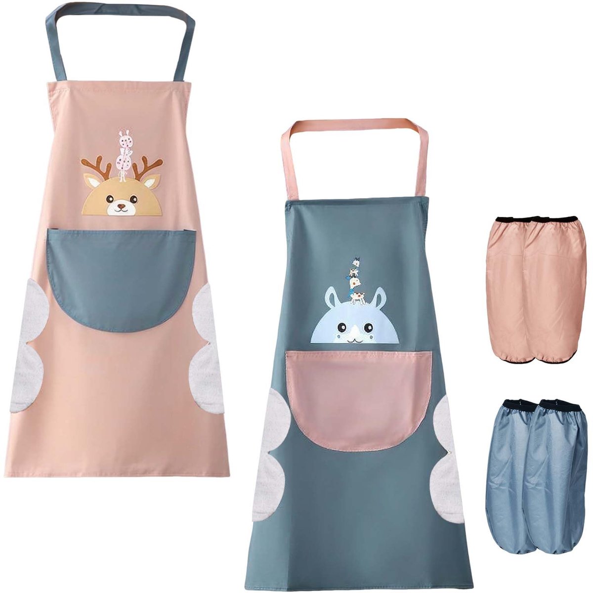 Keukenschorten voor dames en heren, set van 2 waterdichte keukenschorten met zakken en afneembare mouwen, voor keuken, barbecue, tuin, restaurant (roze + blauw)