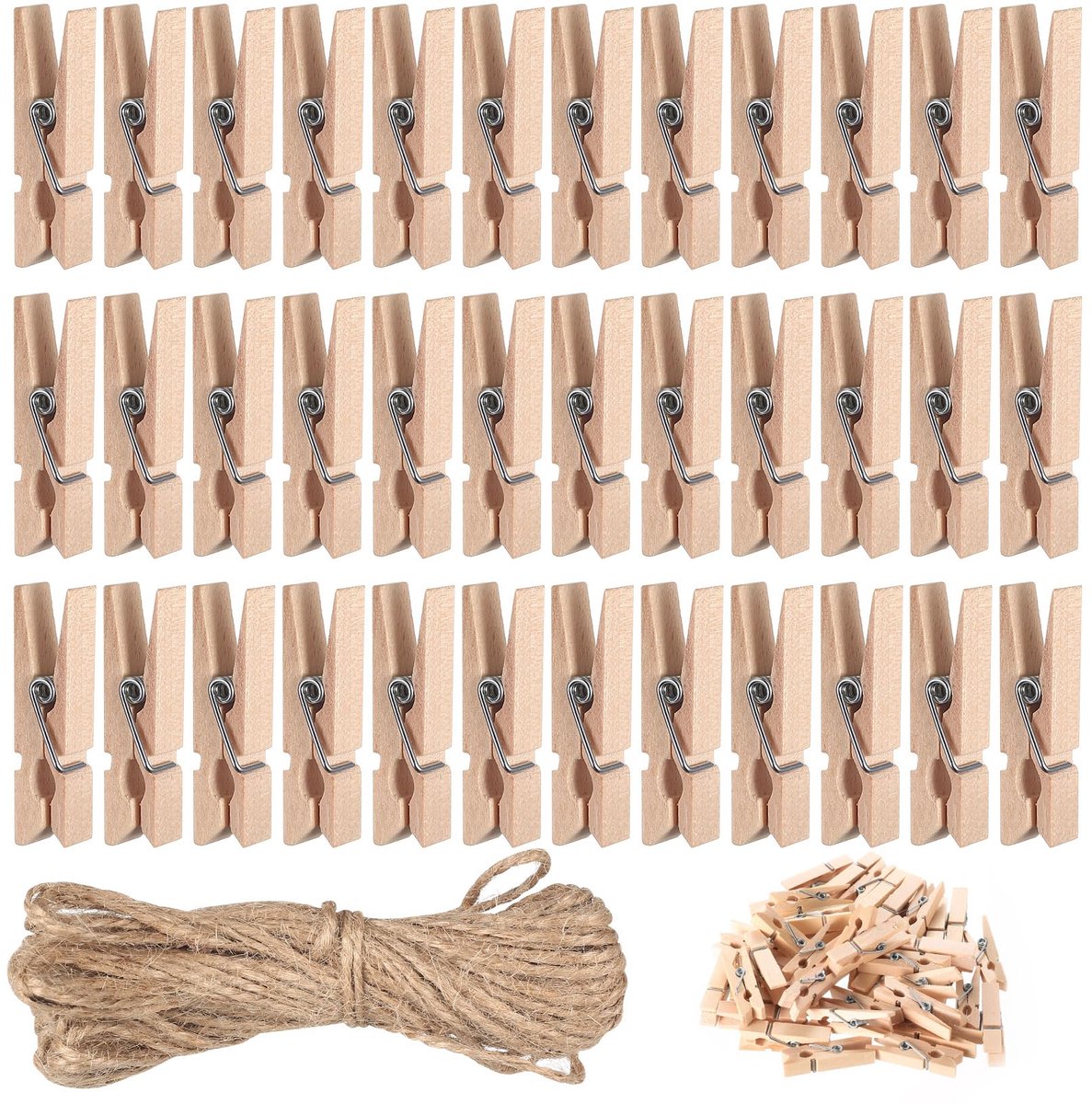 Houten Wasknijpers Klein, 3,5 cm Mini Houten Knijpers voor Foto's, Kaarten, DIY Decoratie, Fotokoord met Knijpers, Fotoknijpers met 10m Ophangkoord