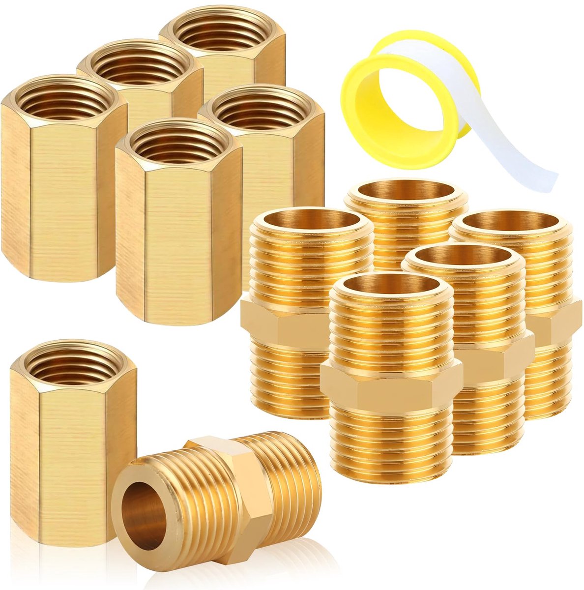 Dubbele nippel en , 6 x buitendraad nippel 1/4 inch en 6 x binnendraad 1/4 inch, AG/IG zeskant schroefdraadfitting, verbindingsstuk voor waterbuis en gasslang