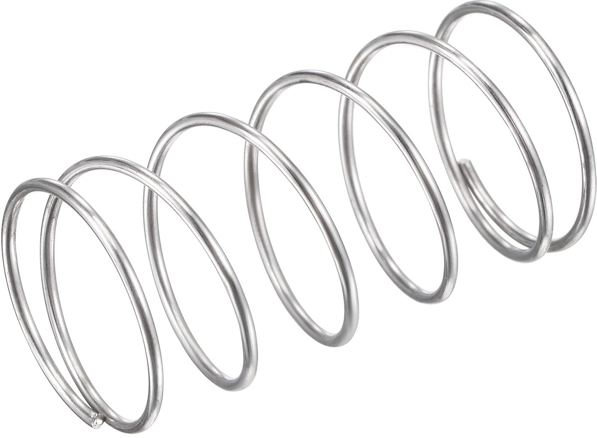 Drukveer 304, roestvrij staal, 18 mm, OD, 1 mm, draad, afmetingen: 9 mm, gecomprimeerd, lengte: 35 mm, lengte: 5,9 N, draagvermogen, zilverkleurig, 5 stuks