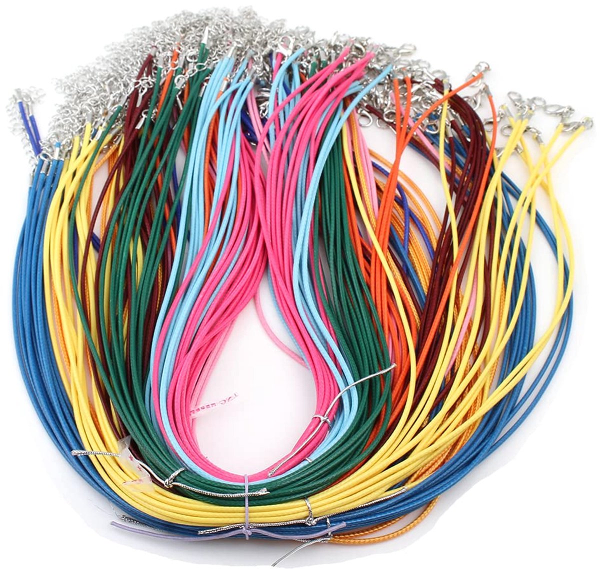 Halsband, 10 gemengde kleuren, 46 cm, katoenen koord, gewaxt, 1,5 mm, halsketting, gevlochten met zilveren karabijnsluiting, 10 stuks