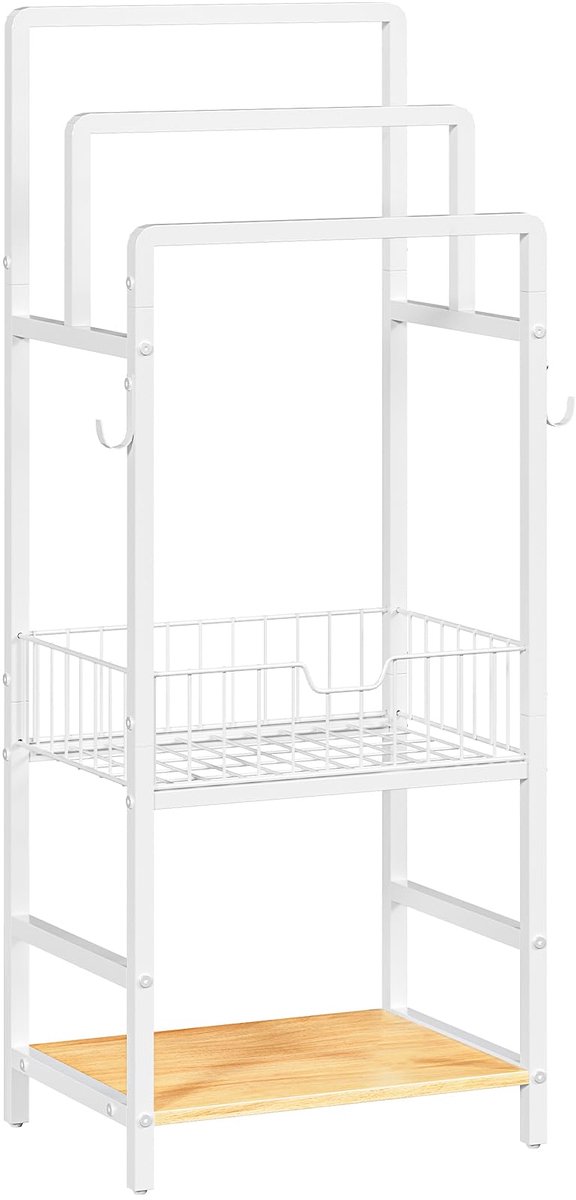 Vrijstaande handdoekrek, handdoekstandaard, handdoekladder met 3 handdoekstangen, mand, plank en haken, plafondmontage voor badkamer en wasruimte, Wit en Natuur EWN13LB01