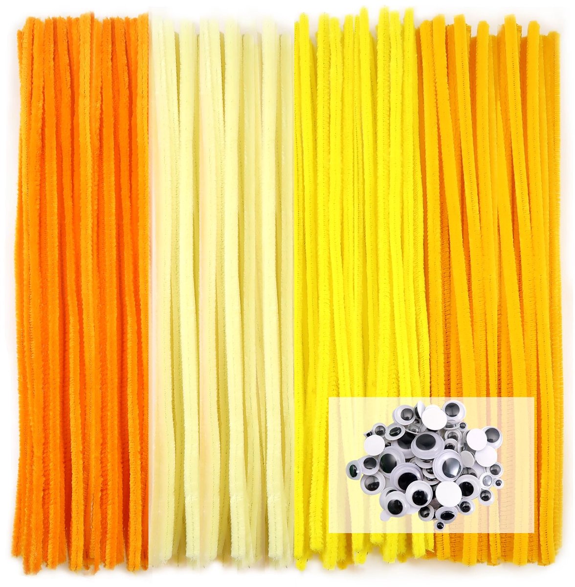 100 stuks Pijpenragers 4 Verschillende Geel Pijpenragers om te Knutselen Chenilledraad 30 cm x 6 mm met Zelfklevend Wiebelogen voor Creatieve doe-het-zelf Handwerk Decoratie
