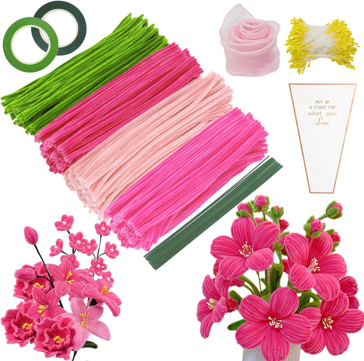 Pijpenrager om te knutselen, 400 stuks pijpenragers, bloemenset, 4 kleuren, roze, rood, groen, bloemenreiniger om te knutselen