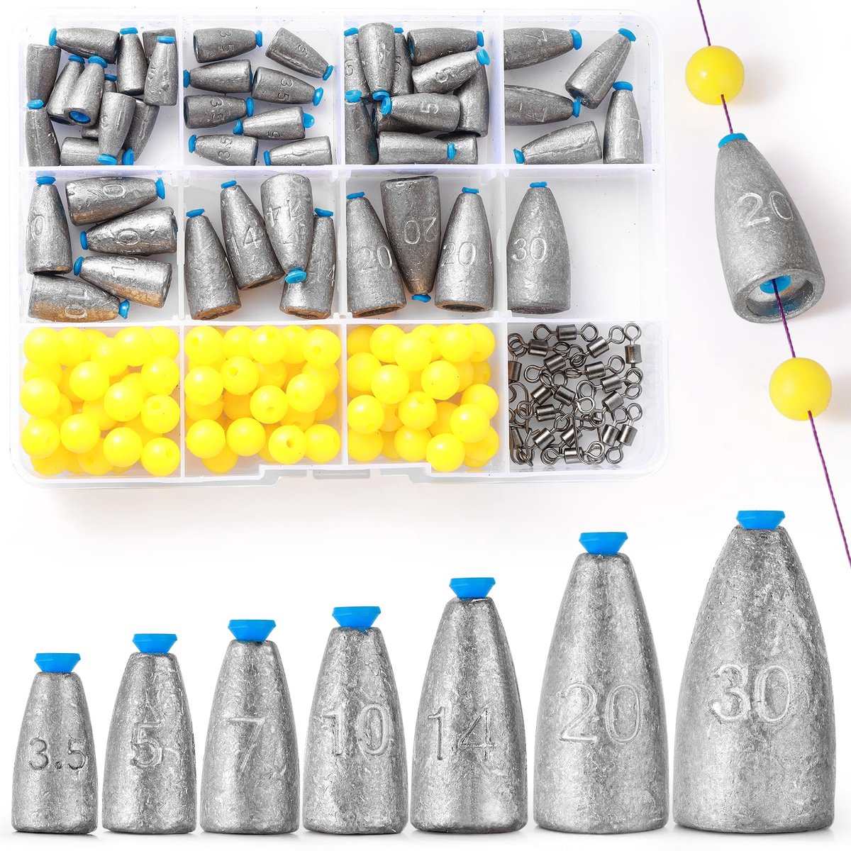 50 stuks zeevisgewichtenset 8 maten, karpervisgewichten 0,07/0,12/0,18/0,25/0,35/0,5/0,71/1 oz, dropshot-gewichten met 100 kornviskralen en 20 visserij draaibare
