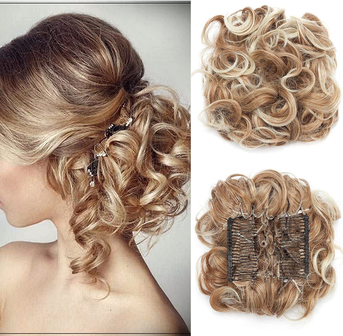 Haarextensies, haarstukje, knot, haarverlenging, haarelastiek, opgestoken kapsels, donut, zoals echt haar, lichtbruin tot blond gebleekt