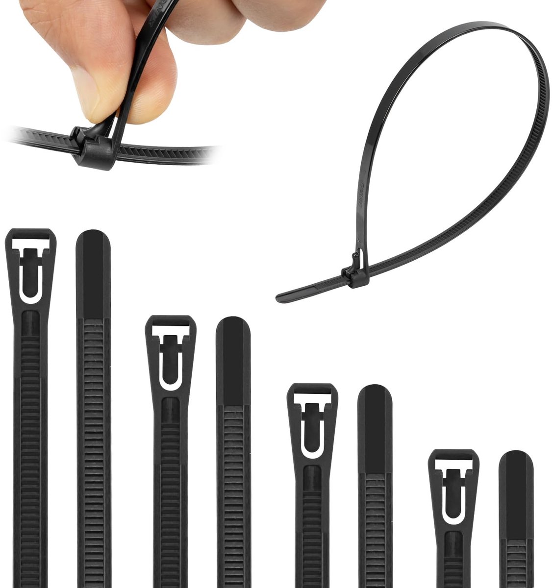 100 stuks 7,6 mm x 250 mm kabelbinders, herbruikbaar, uv-bestendig, sterk nylon, verwijderbare kabelbinders met 50 kg treksterkte (zwart)