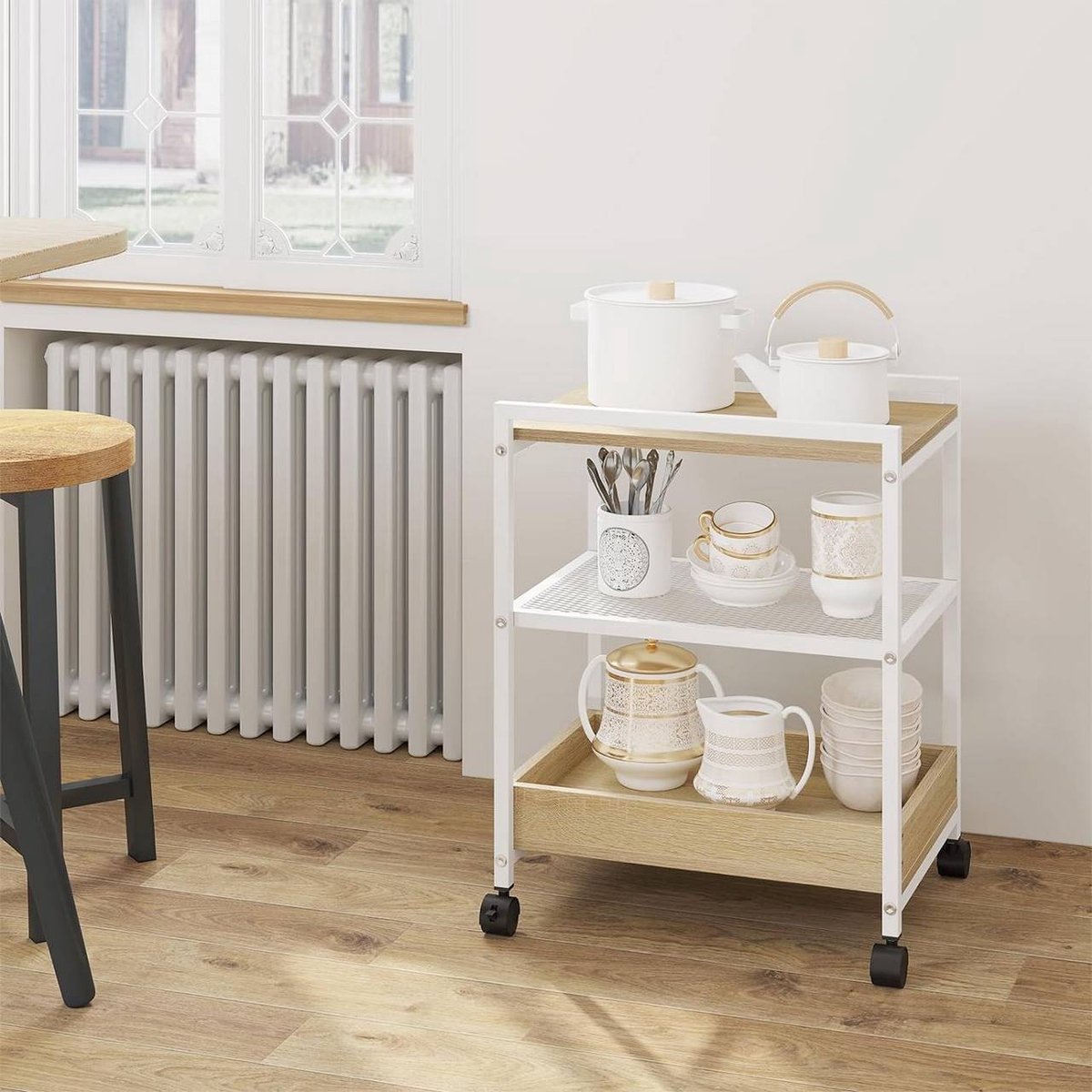 SureDeal® - Bijzettafel - Wielen - Afsluitbaar - Legplanken verwijderbaar dienblad - 40x30x53,7 cm - Licht eiken