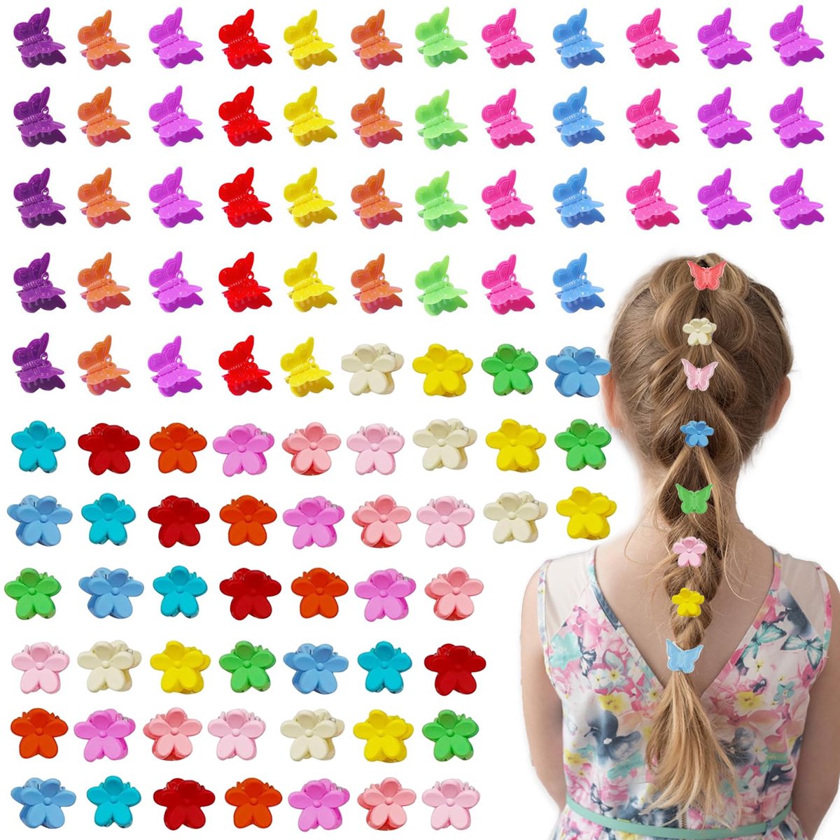 100 stuks bloem haarclips kleine vlinder haarclips, sterke hold haar kaak klemmen, schattige klauwclips voor dik haar, sprankelende kleurrijke haaraccessoires voor meisjes en vrouwen